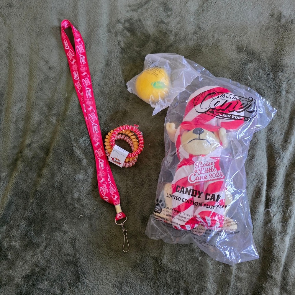 Raising Cane's Bundle 2024 Plush Puppy Teleties Hair Ties Lanyard Yellow BallNEW